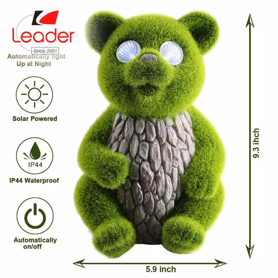 Factory Wholesale Solar Bear Statue with LED Eyes, Flocked Grass Bear Figurine with Solar Lights