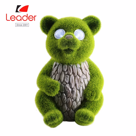 Factory Wholesale Solar Bear Statue with LED Eyes, Flocked Grass Bear Figurine with Solar Lights