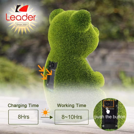 Factory Wholesale Solar Bear Statue with LED Eyes, Flocked Grass Bear Figurine with Solar Lights