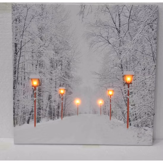 Rote Weihnachts-LED-Wand-Leinwand-Kunst-Wohndekoration, leuchtende, batteriebetriebene verschneite Winterszene, Winterpfad, Zuhause, Winter