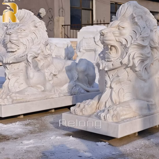 Kundenspezifische Tierstatuen-Dekoration, große Löwenstatuen aus weißem Marmor, Steinlöwenskulptur